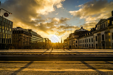 斯德哥尔摩市景和晨光黄色统计建筑橙子资料背景图片