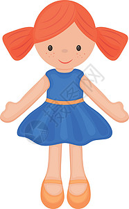 玩具娃娃 可爱的红头发儿童玩具 一个穿着漂亮衣服的洋娃娃 在白色背景上孤立的矢量图背景图片