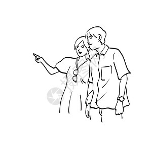 丈夫用棒球棍殴打妻子在空白空间插图上指向空格的年轻夫妇 用白色背景所隔离的矢量手画出的小情侣肖像设计图片