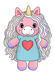 手绘独角兽可爱的婴儿独角兽与多彩头发和心脏背景