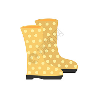 卡通雨靴黄色手画卡通的黄橡皮靴带点 可爱滑稽矢量字形防水天气远足橡皮靴子卡片下雨卡通片工作背景