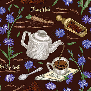 菊苣茶无缝图案与逼真的植物学彩色草图 菊苣花 粉末 茶壶 茶杯和勺子在棕色背景 花卉草药收藏中分离 药厂插画