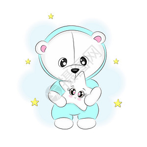 坐在星星上熊可爱的白熊 北极熊 拿着星星 可爱的儿童插画 用于卡片设计 在纺织品上打印 在 T 恤或礼品盒上 儿童房装饰 矢量插图设计图片