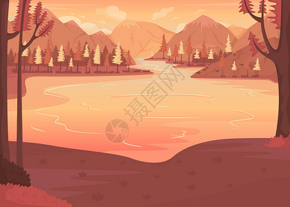 高山湖畔冬景用于露营平板彩色矢量插图的景点插画