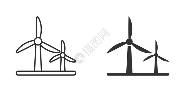 膨胀涡轮平式风力发电厂图标 白色孤立背景的涡轮矢量图解 空气能源标志业务概念 掌声活力风车发电机插图植物农场扇子技术生态刀片插画