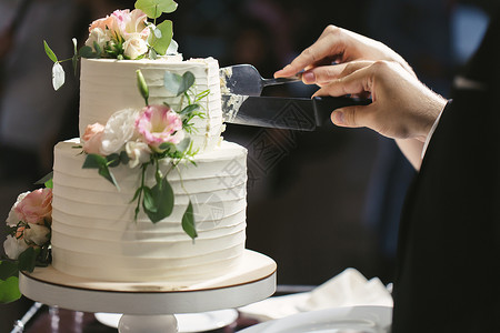 新娘和新郎在宴席上切了个漂亮的婚礼蛋糕仪式裙子庆典桌子婚姻奶油套装盘子派对食物背景图片