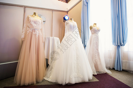 在时装展上展示的婚纱衣架蕾丝奢华婚姻模型人体纺织品衣服戏服展览背景