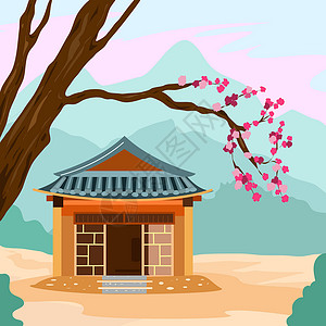 韩屋民居韩花屋和有花的樱树枝插画