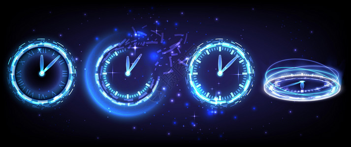 时光文案元素时间机器 淡入淡出 计时器和截止日期 发光的 HUD 元素时钟中的科幻高科技系列 科学未来技术的全息图门户 奇幻游戏中的魔法传送插画