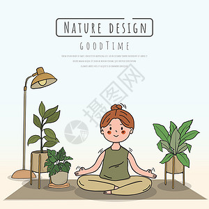 大自然瑜伽瑜伽练习卡通 手画画 女士们 大自然和叶子运动插图草图女士锻炼女性成人平衡冥想享受插画