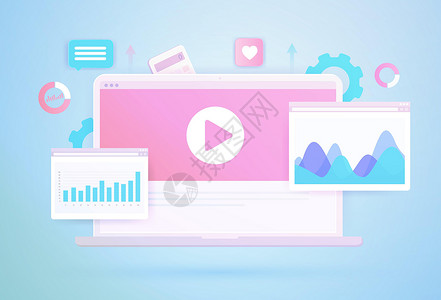 数字广告分析概念 视频营销数据业务统计 在线程序化和本地定位广告 入站数字营销业务推广视频内容插画