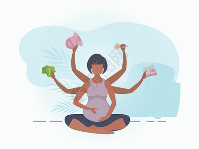 孕妇做瑜伽孕妇瑜伽; 怀孕快乐; 设计时用温和颜色的贺卡或海报; 平面矢量插图插画