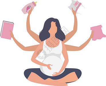 孕妇枕头孕妇瑜伽 积极精心打造的怀孕女性角色 孤立在白色背景上 卡通风格的矢量插图设计图片