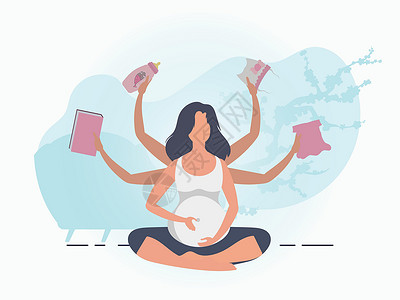 孕妇体操孕妇瑜伽; 怀孕快乐; 贴纸或海报 以温和的颜色发给你; 漫画风格中的矢量插图插画