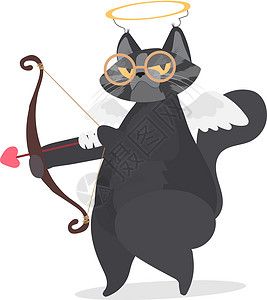 狙击兵射击声丘比特形象中的滑稽灰猫 一只表情严肃的猫 带着箭的胖乎乎的猫 恋人日的概念 适合设计师卡片或 T 恤 矢量图插画