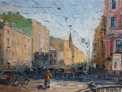 当代油画夏季圣彼得堡街 油画和调色板刀风景建筑石头建筑学城市街道绘画场景帆布历史背景
