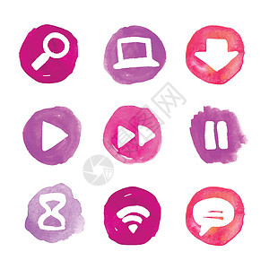 水彩笔画素材圆水彩色图标的紫色技术笔触写意草图互联网插图手绘涂鸦水彩艺术品设计图片