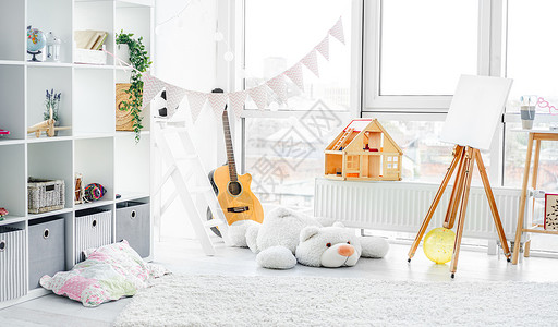 泰迪熊玩具美丽和轻光儿童房间女孩窗户家具卧室游戏公寓童年住宅吉他游戏室背景