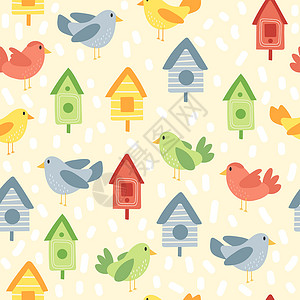 春季或夏季的鸟类和鸟屋 矢量无缝结构墙纸卡片蓝色鸟巢房子婴儿叶子花园纺织品织物插图背景图片