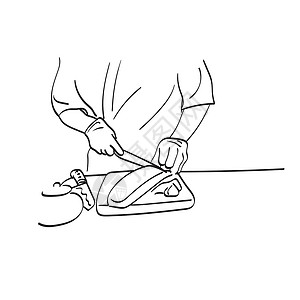 手切切肉大厨在木制区块插图矢量手上剪切鲑鱼的紧握手 这只手被白底线艺术所隔离插画