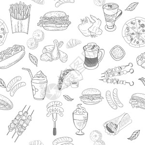 热食品无缝模式与快餐菜单热狗汉堡薯条雕刻芝士草图土豆烧烤香肠插画