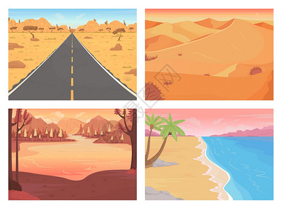 海滩沙漠夏季景观平板颜色矢量插图集插画