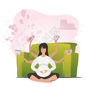 孕妇枕头穿蝴蝶装的孕妇 做瑜伽的孕妇 矢量直线插图设计图片