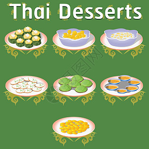泰国椰皇甜香蕉椰椰子 自制传统美味的甘蔗树叶矢量插图插画