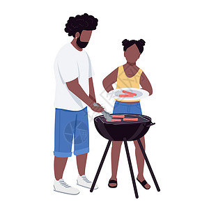 烧烤剪贴画烤肉半平板颜色向量字符的爸爸和女儿插画