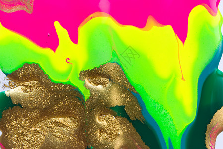 荧光不规则图案含有金粉的抽象液体墨水梯度图案 荧光液体亮纹理粉色墙纸彩虹花纹黄色艺术品大理石涟漪绿色金子背景