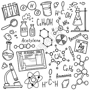 化学符号图标集 科学主题涂鸦设计 教育和学习理念 回到学校笔记本的粗略背景 而不是垫子 速写本实验辐射化学品疫苗插图班级艺术显微背景图片