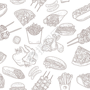 香脆薯条无缝模式与快餐小吃汉堡香肠草图烧烤雕刻热狗芝士午餐薯条插画