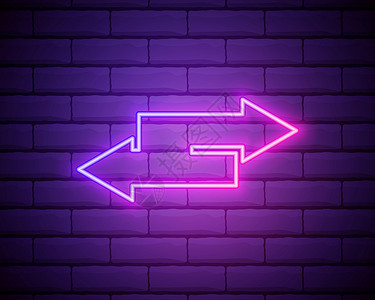 紫色发光箭头霓虹灯箭头标志 砖墙背景上发光的霓虹灯箭头指针 带明亮霓虹灯管的复古招牌 向量设计图片