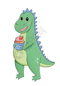 恐龙海报可爱的小恐龙 用粉红草莓蛋糕背景