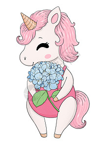 手绘独角兽可爱的小粉红色独角兽 用蓝色花朵背景
