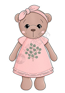 手绘小熊布偶穿粉红裙子的可爱小熊花朵背景