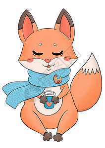 披着围巾和咖啡的可爱小狐狸背景