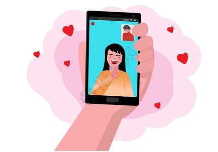 异地恋人通过智能手机与您所爱的人进行视频通话 科技异地恋的概念照片女孩网络微笑触摸屏自拍女性卡通片插图展示插画