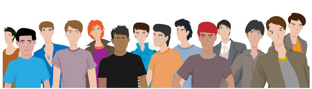 全脸打造多种族男性形象站在一起平面矢量图解社会或人口多样性插画