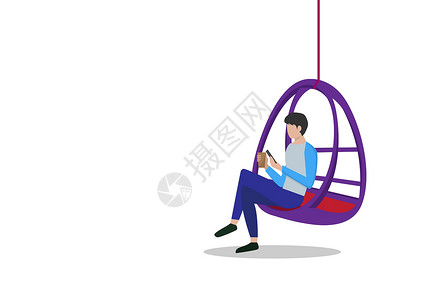 秋千椅吊椅这名年轻人坐在舒适的吊椅上 与朋友通过电话联系 男孩子在椅子上坐着舒服一点插画