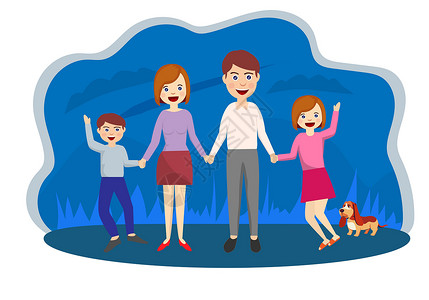 家庭平板爸爸妈妈带孩子去度假 现代家庭相片一起走在一起 父母与儿童手握手 用平板风格的多彩矢量插图插画