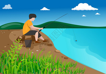 钓鱼海岸线一个拿着钓鱼棍的人 坐在湖边的石头上插画