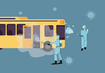 道路清洁工操作者在公共汽车上使用消毒喷雾器 以防止冠状病毒扩散以及汽车道路世界口罩清洁工司机衣服药品工人运输插画