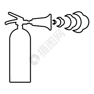 看跌灭火器与泡沫气泡喷射一起灭火灭火轮廓线图标黑色矢量插图图像薄平面样式插画