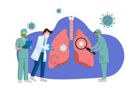肺部检查一组医生正在检查受冠状病毒感染的肺部 卡通风格的矢量图解医务人员戴着口罩从肺炎中拯救生命 关于冠状病毒治疗的想法插画