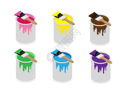油漆装修金属油漆罐有粉色 绿色 紫色 棕色 黄色和蓝色可选 配有木柄刷子 平面样式卡通插图矢量插画