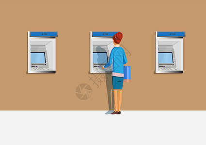 自助一体机从自动取款机取款的妇女 该服务位于许多公共亭内设计图片