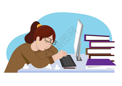 日长至办公室里坐着睡着的疲劳妇女 在办公桌上长日工作矢量插图设计图片