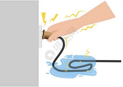 滑手当电线被淹在地面时 不要触碰电源绳 因为可能会有泄漏流 平坦风格的卡通插图矢量插画