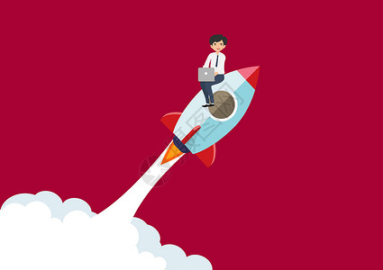 挑战者商业界人士用火箭飞向成功的商业目标 平板风格的漫画插图矢量设计图片